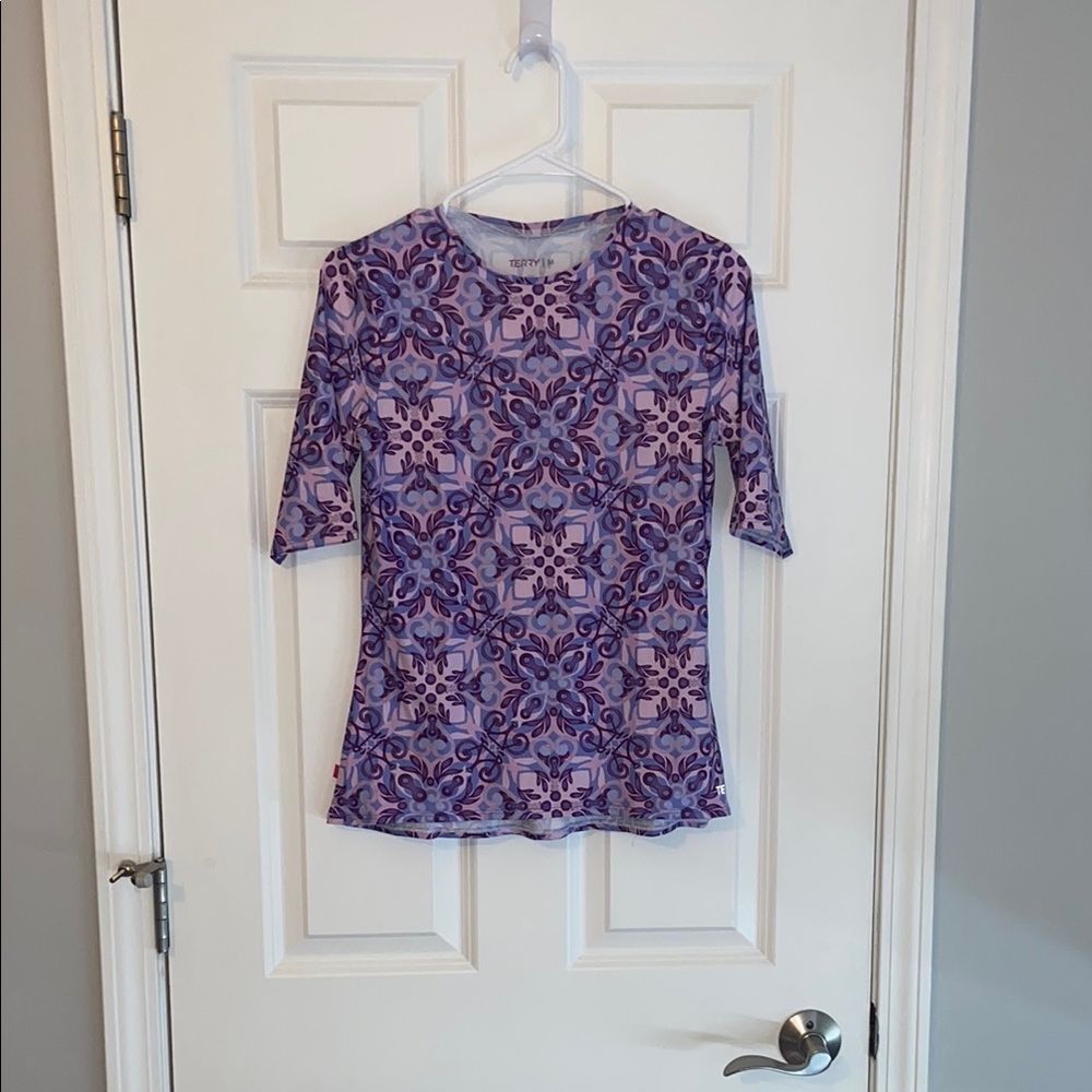 Purple and White Fitted 3/4 Sleeve Blouse